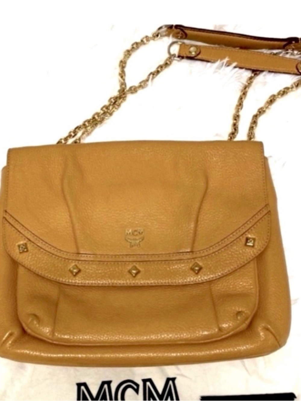 Authentic MCM Leather Crossbody with Leather/Gold Chain Strap